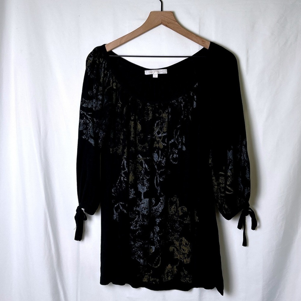 Karen by Karen Kane Womens Floral Ribbed Tie Sleeve Tunic Top Size L Black Boho